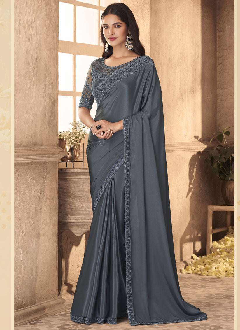 Slate Grey Silk Embroidered Designer Wedding Saree