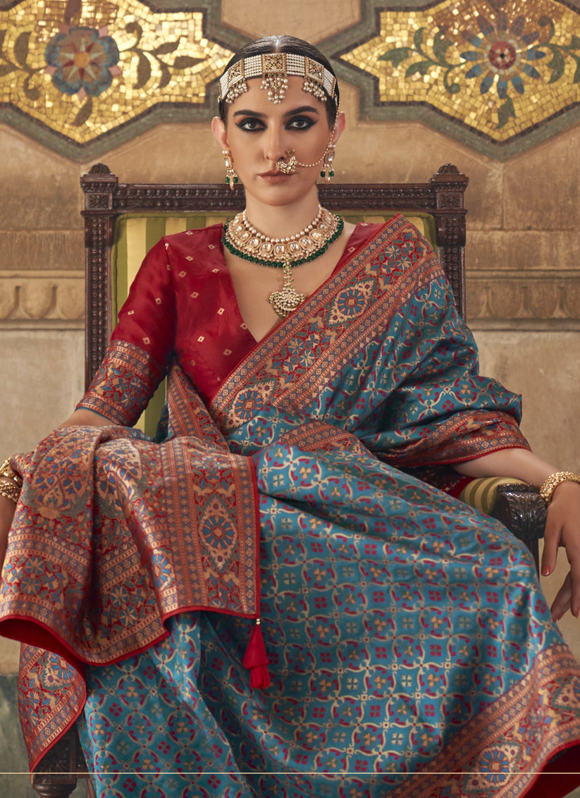 Azure Blue Silk Jacquard Woven Saree