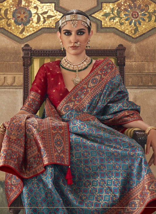 Azure Blue Silk Jacquard Woven Saree