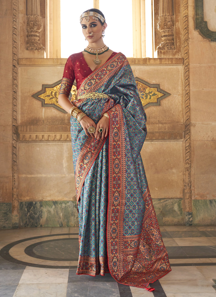 Azure Blue Silk Jacquard Woven Saree