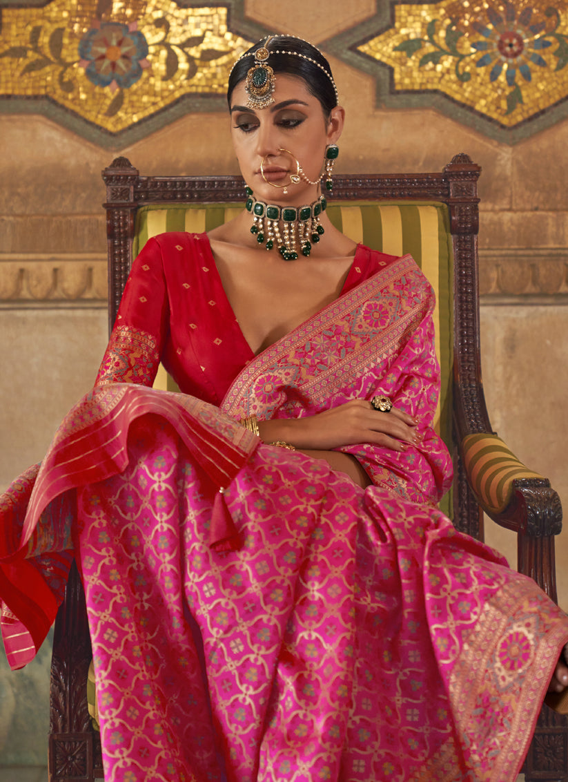 Rani Pink Silk Jacquard Woven Saree