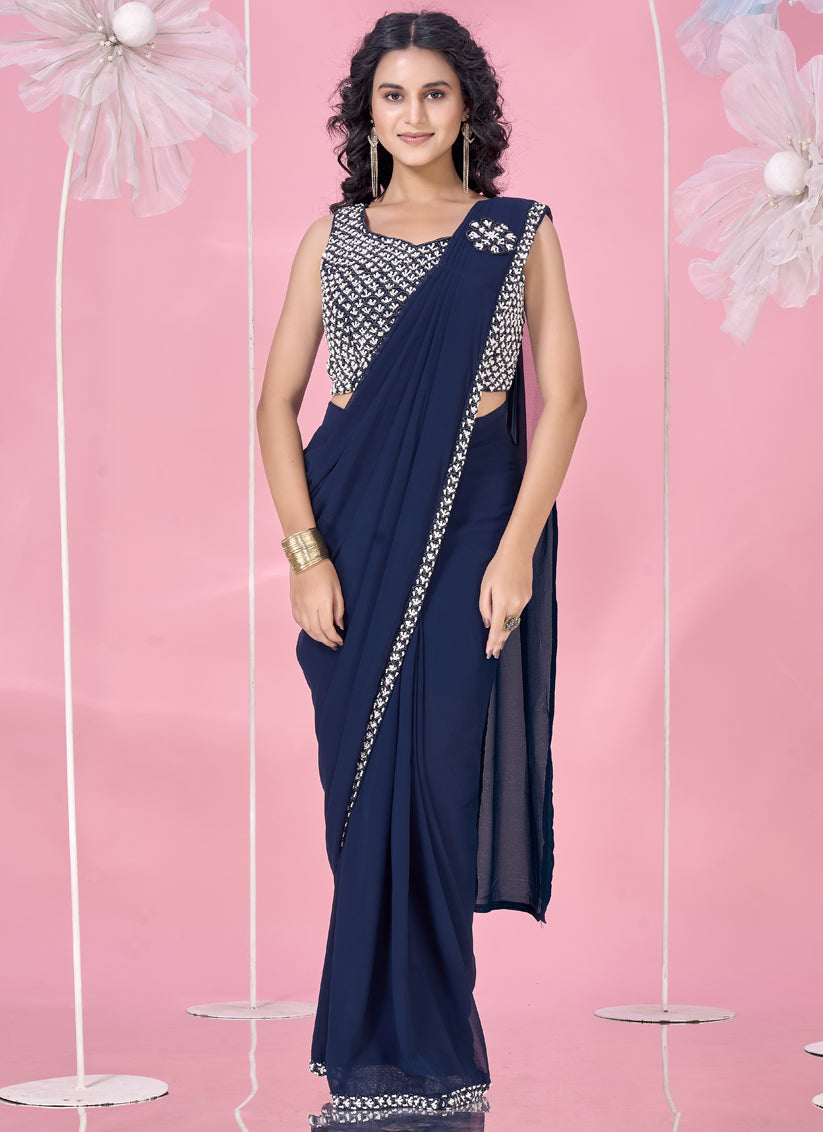 navy blue embellished motif ready to wear saree