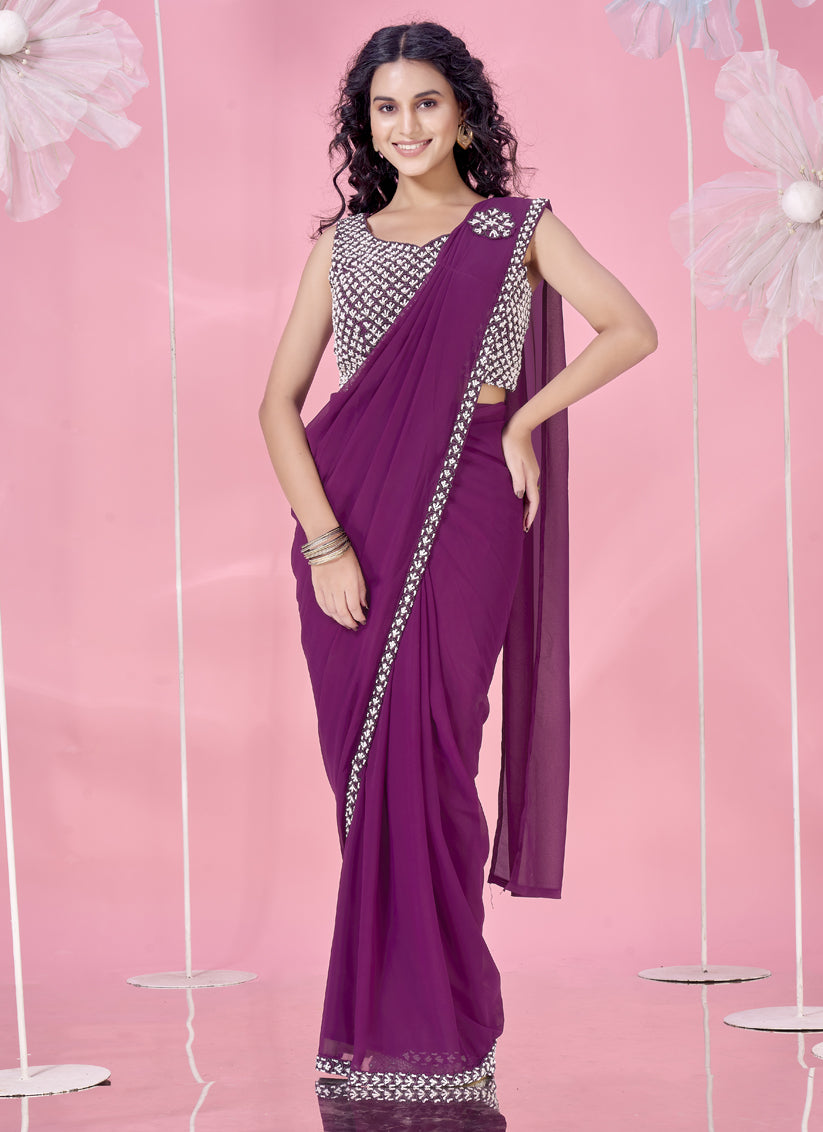 burnt burgundy embellished motif ready to wear saree