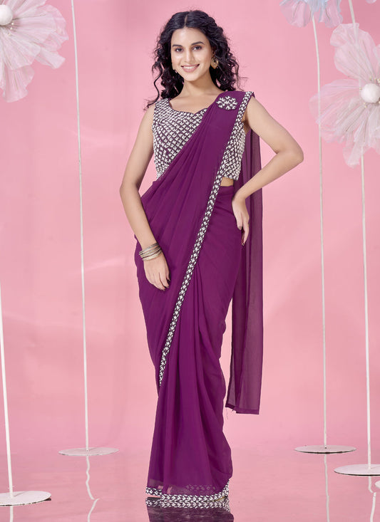 burnt burgundy embellished motif ready to wear saree