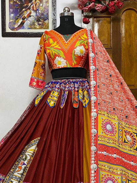 Maroon Heavy Butter Silk Mirror Work Chaniya Choli