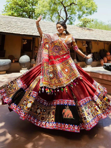 Maroon Heavy Butter Silk Mirror Work Chaniya Choli