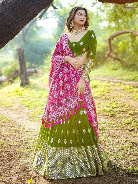 Green Heavy Butter Silk Mirror Work Chaniya Choli