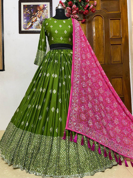 Green Heavy Butter Silk Mirror Work Chaniya Choli