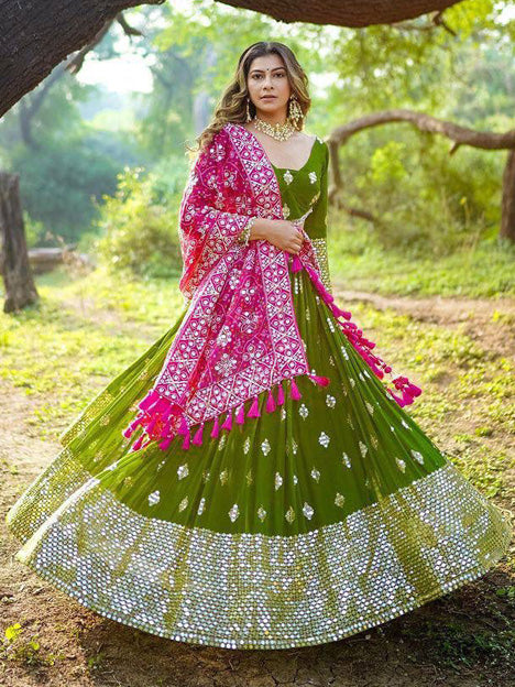 Green Heavy Butter Silk Mirror Work Chaniya Choli