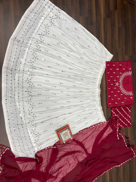 Red and Off White Heavy Rayon Mirror Work Chaniya Choli