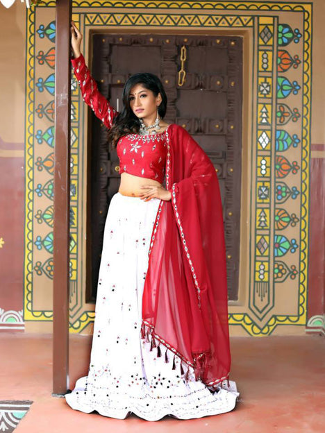 Red and Off White Heavy Rayon Mirror Work Chaniya Choli