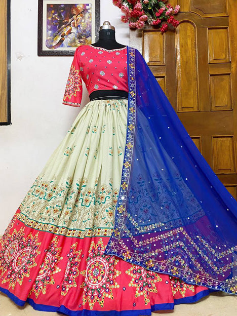 Off White and Pink Heavy Butter Silk Mirror Work Chaniya Choli