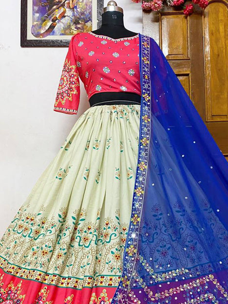 Off White and Pink Heavy Butter Silk Mirror Work Chaniya Choli