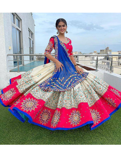 Off White and Pink Heavy Butter Silk Mirror Work Chaniya Choli