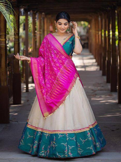 Off White and Teal Blue Heavy Taffeta Silk Embroidered Chaniya Choli