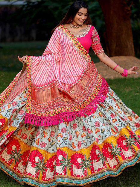Off White and Pink Heavy Butter Silk Digital Printed Chaniya Choli