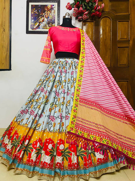 Off White and Pink Heavy Butter Silk Digital Printed Chaniya Choli