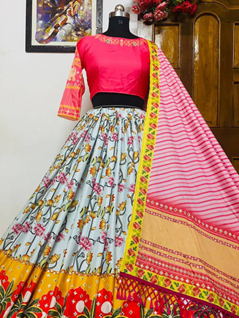 Off White and Pink Heavy Butter Silk Digital Printed Chaniya Choli