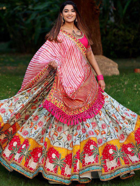 Off White and Pink Heavy Butter Silk Digital Printed Chaniya Choli
