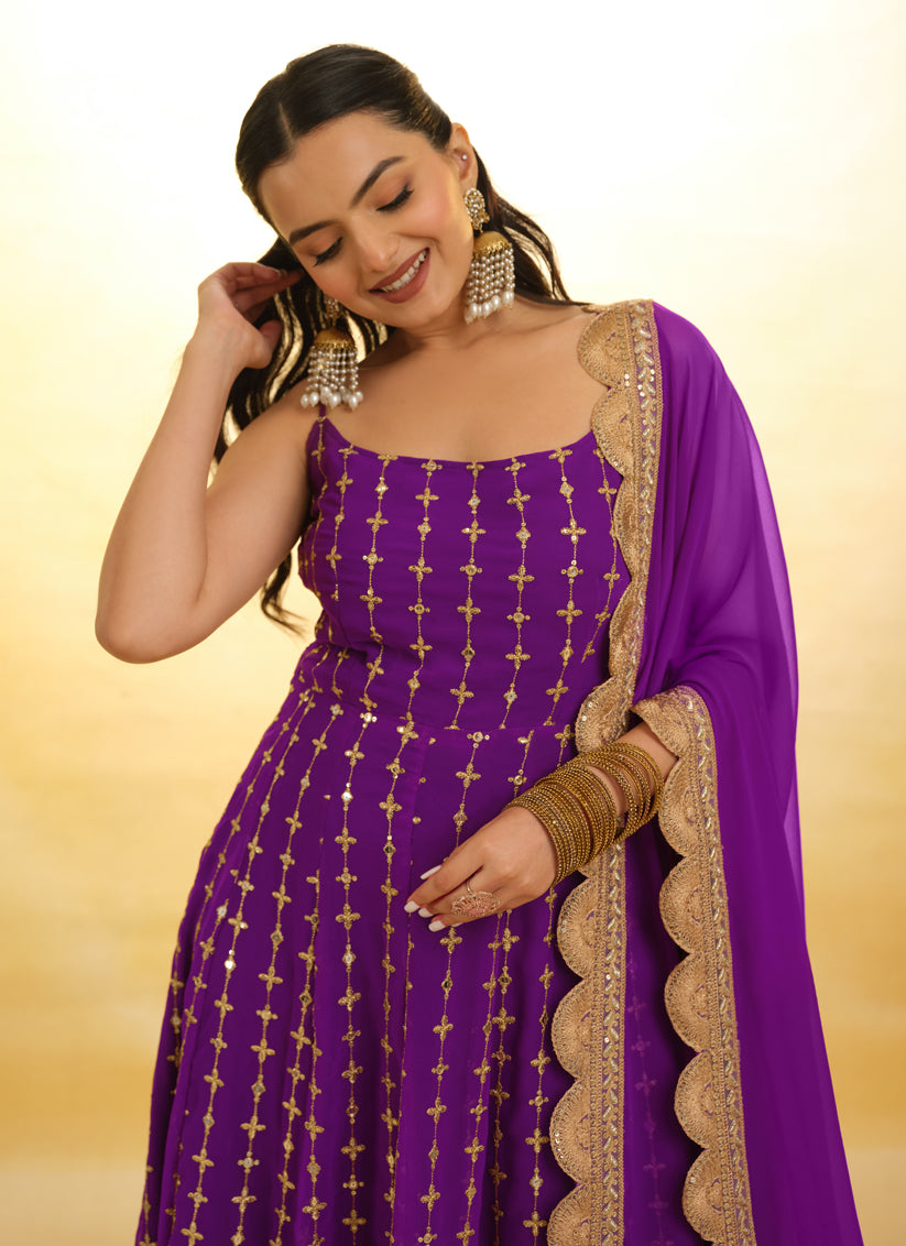 Purple Embroidered Georgette Readymade Anarkali Suit