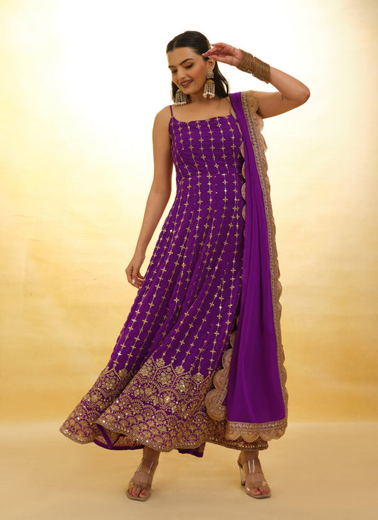 Purple Embroidered Georgette Readymade Anarkali Suit