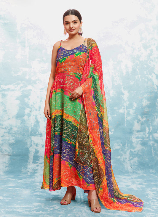 Multicolor Georgette Gown with Dupatta