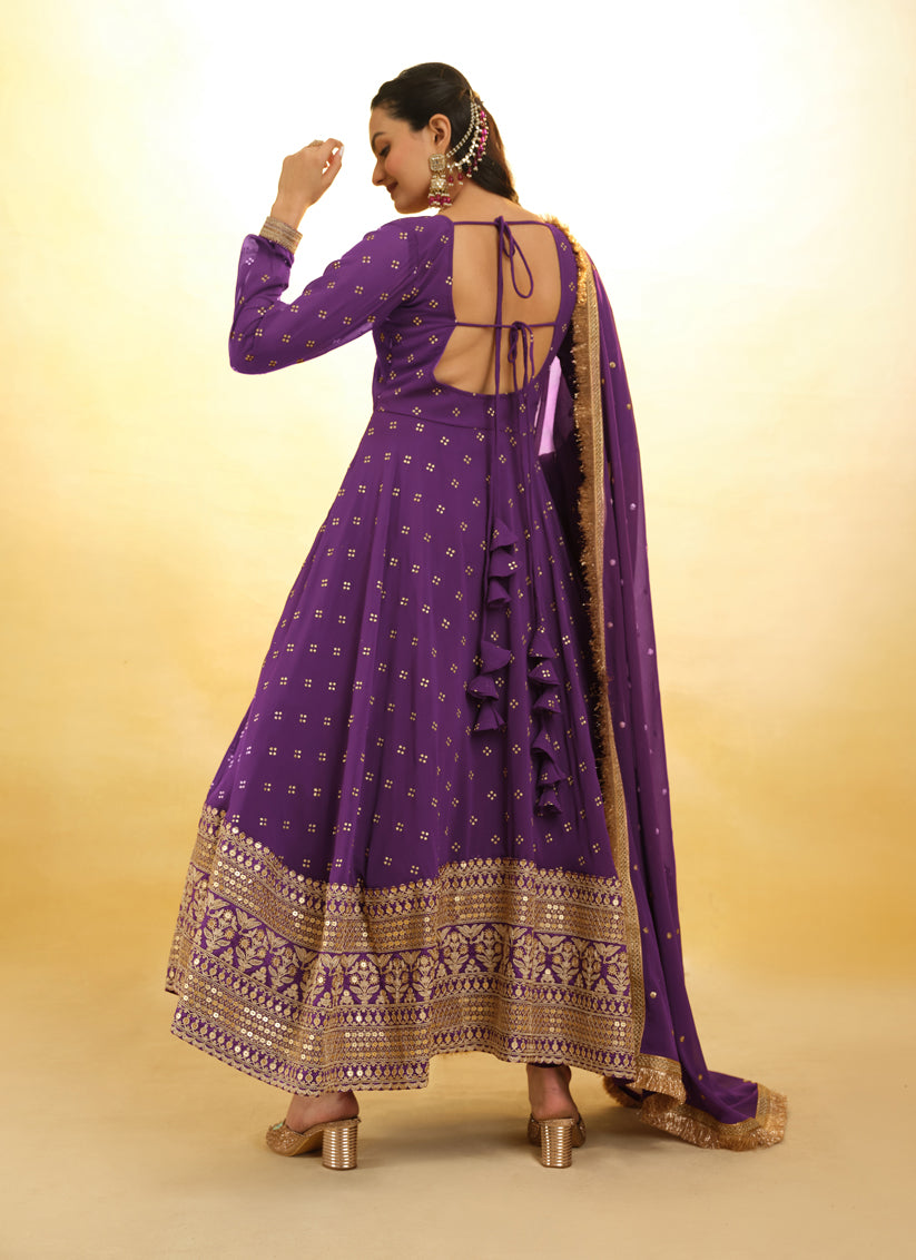 Purple Embroidered Georgette Readymade Anarkali Suit
