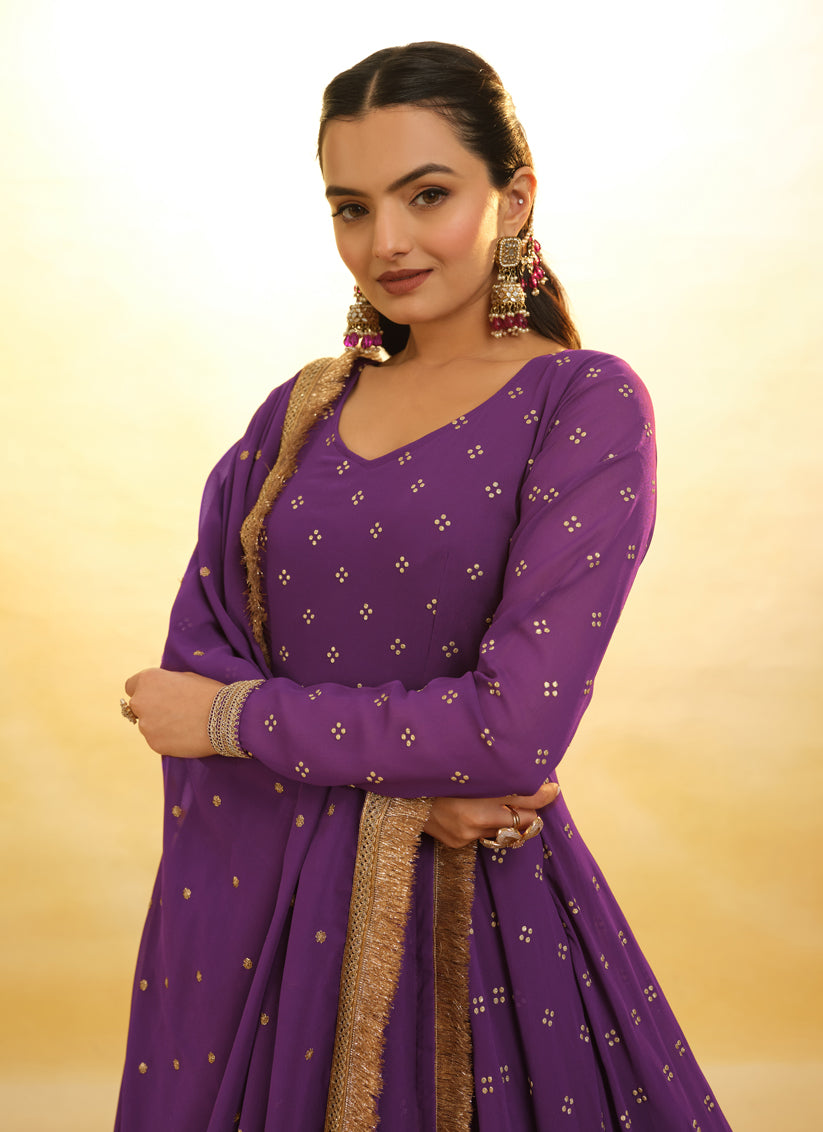 Purple Embroidered Georgette Readymade Anarkali Suit