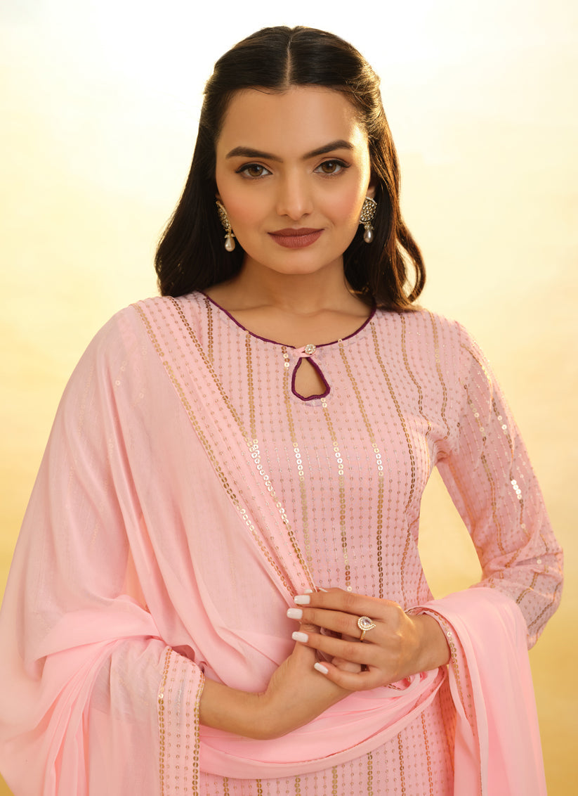 Blush Pink Embroidered Georgette Readymade Palazzo Suit