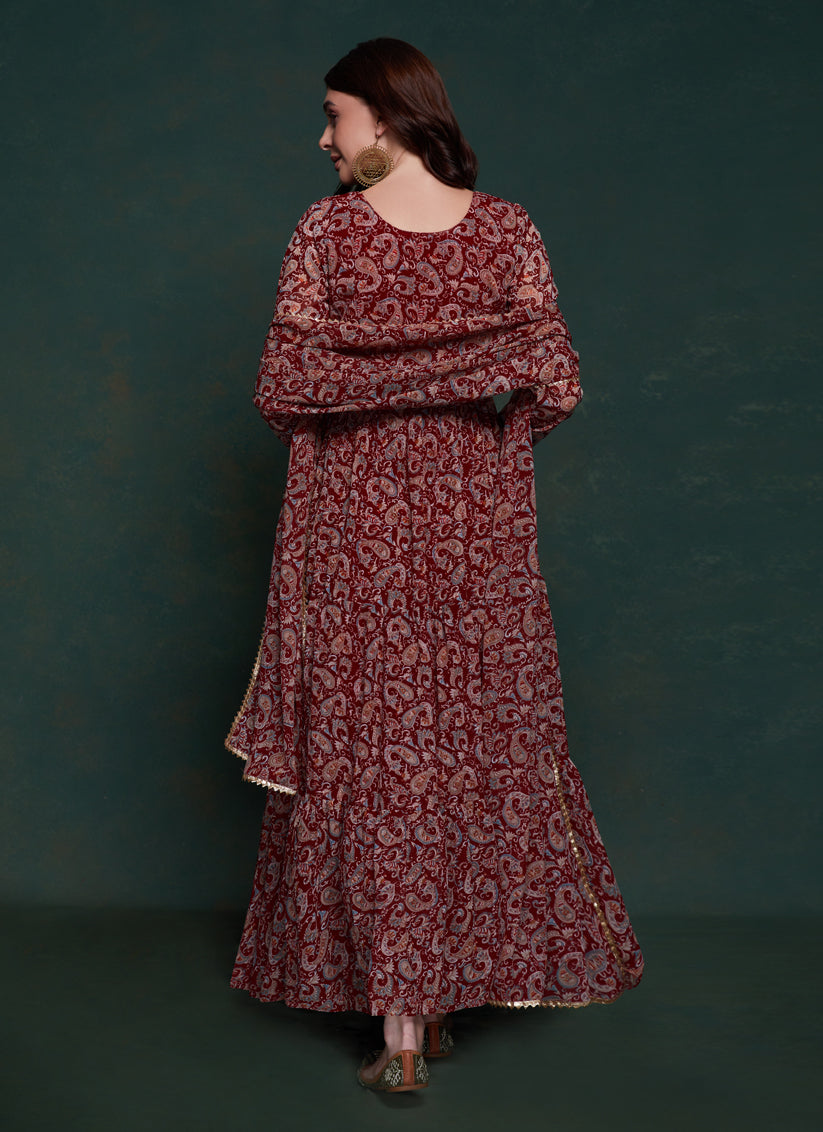 Maroon Organza Floral Print Gown with Dupatta