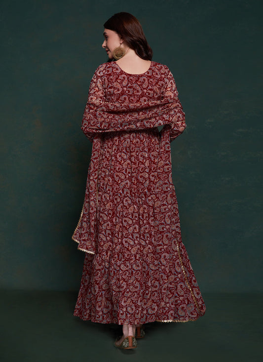 Maroon Organza Floral Print Gown with Dupatta