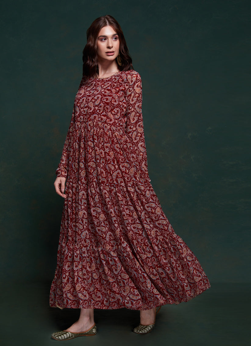 Maroon Organza Floral Print Gown with Dupatta
