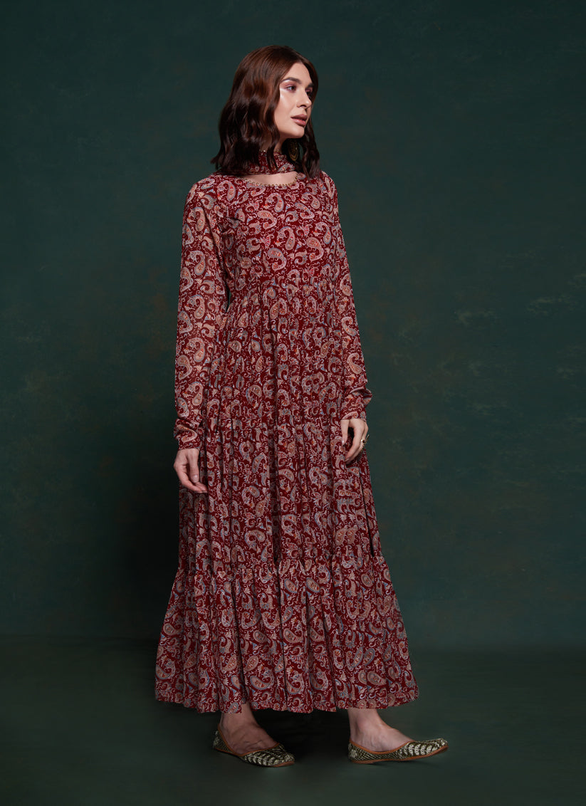 Maroon Organza Floral Print Gown with Dupatta