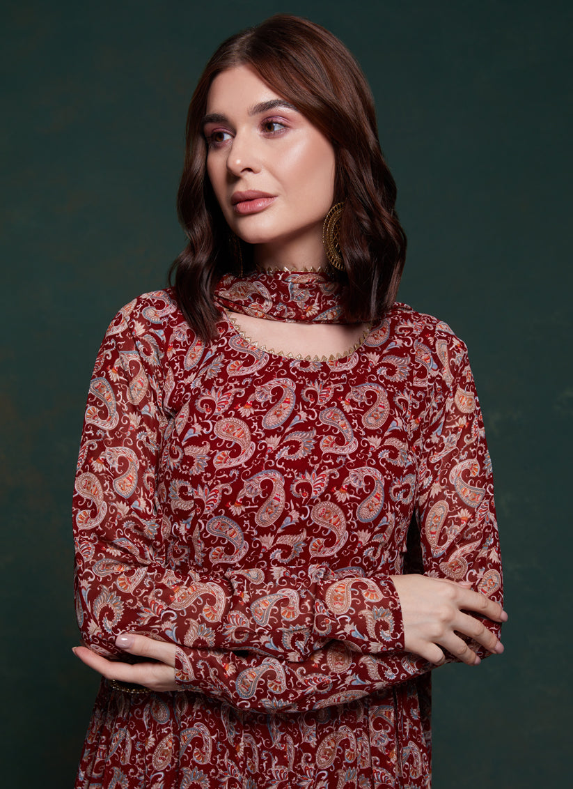 Maroon Organza Floral Print Gown with Dupatta