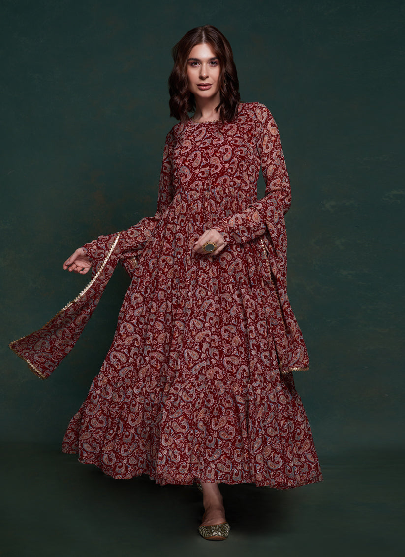 Maroon Organza Floral Print Gown with Dupatta