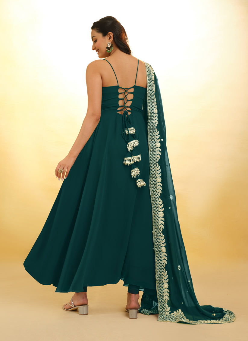 Morpich Embroidered Georgette Readymade Gown with Dupatta