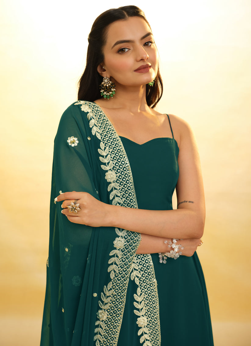 Morpich Embroidered Georgette Readymade Gown with Dupatta