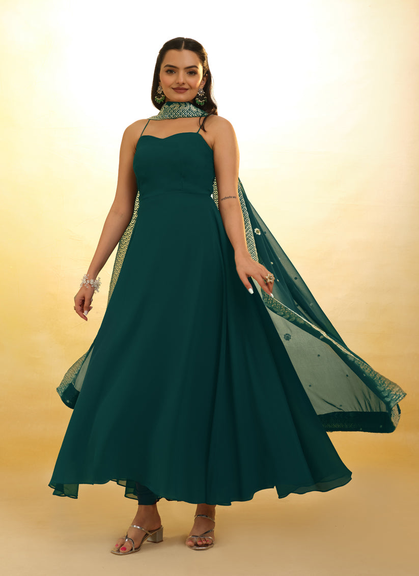 Morpich Embroidered Georgette Readymade Gown with Dupatta