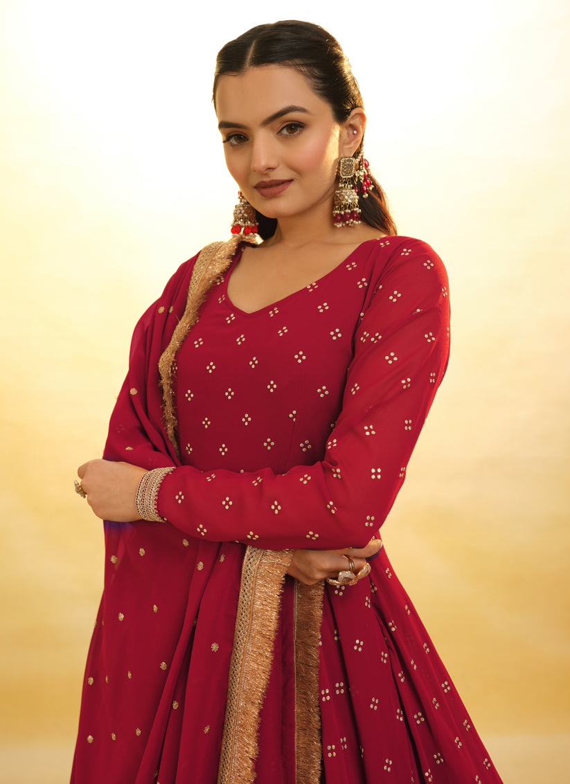 Berry Red Embroidered Georgette Readymade Anarkali Suit