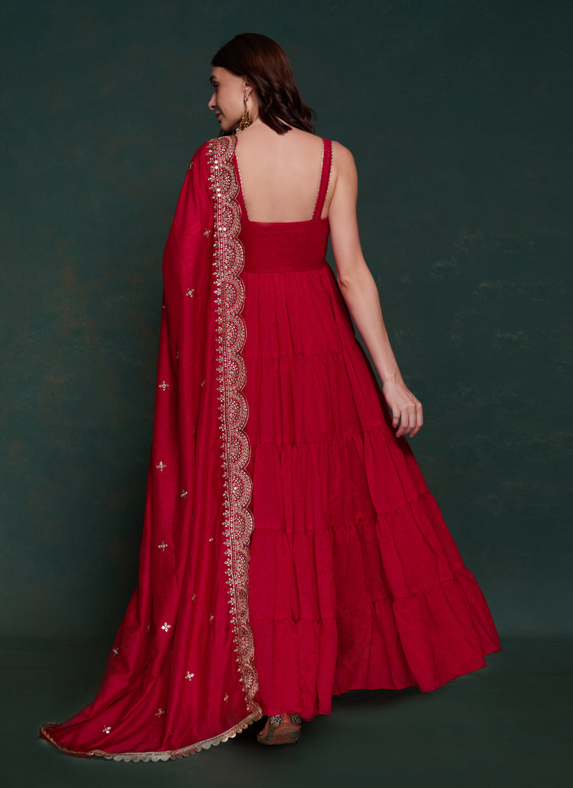 Cherry Red Georgette Gown with Dupatta