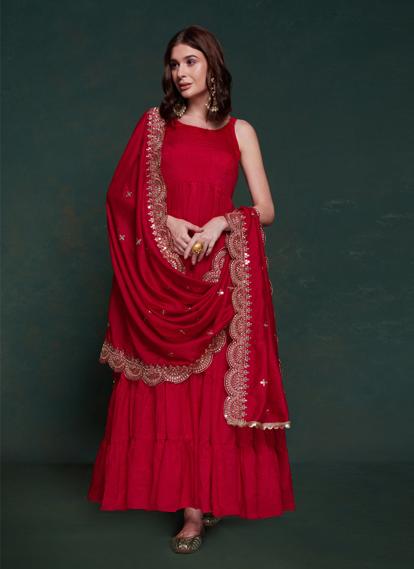 Cherry Red Georgette Gown with Dupatta
