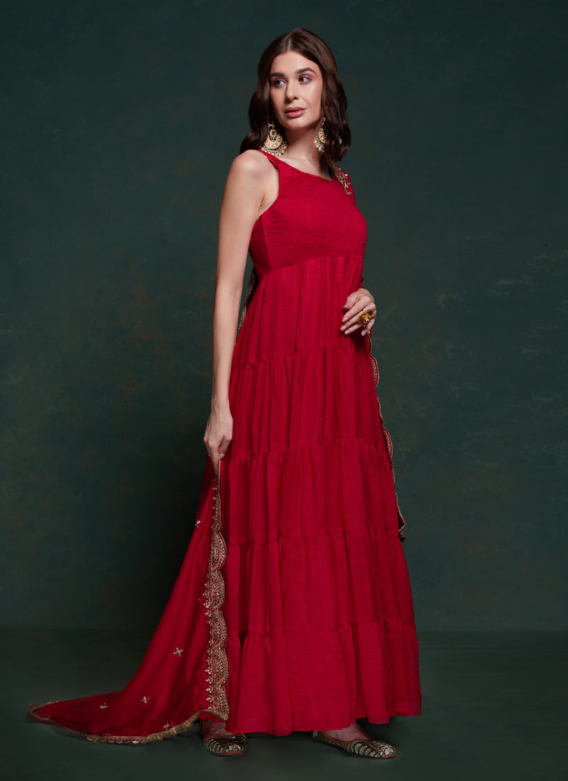 Cherry Red Georgette Gown with Dupatta