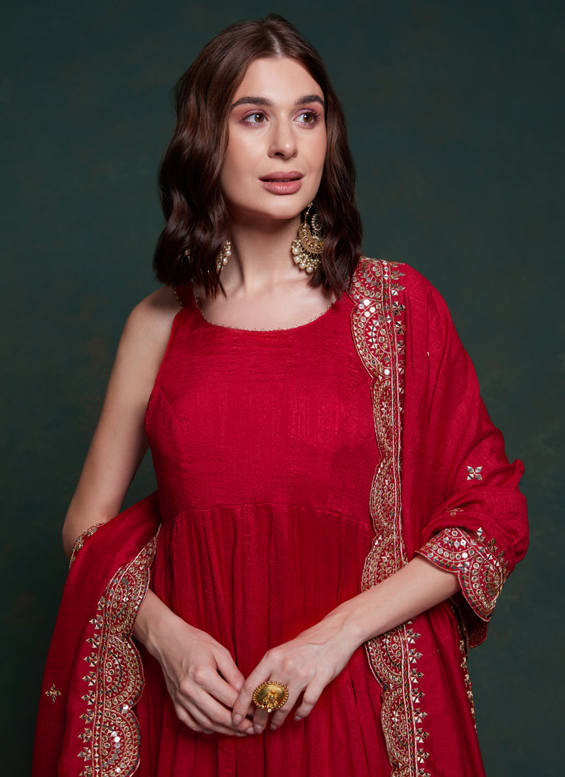 Cherry Red Georgette Gown with Dupatta