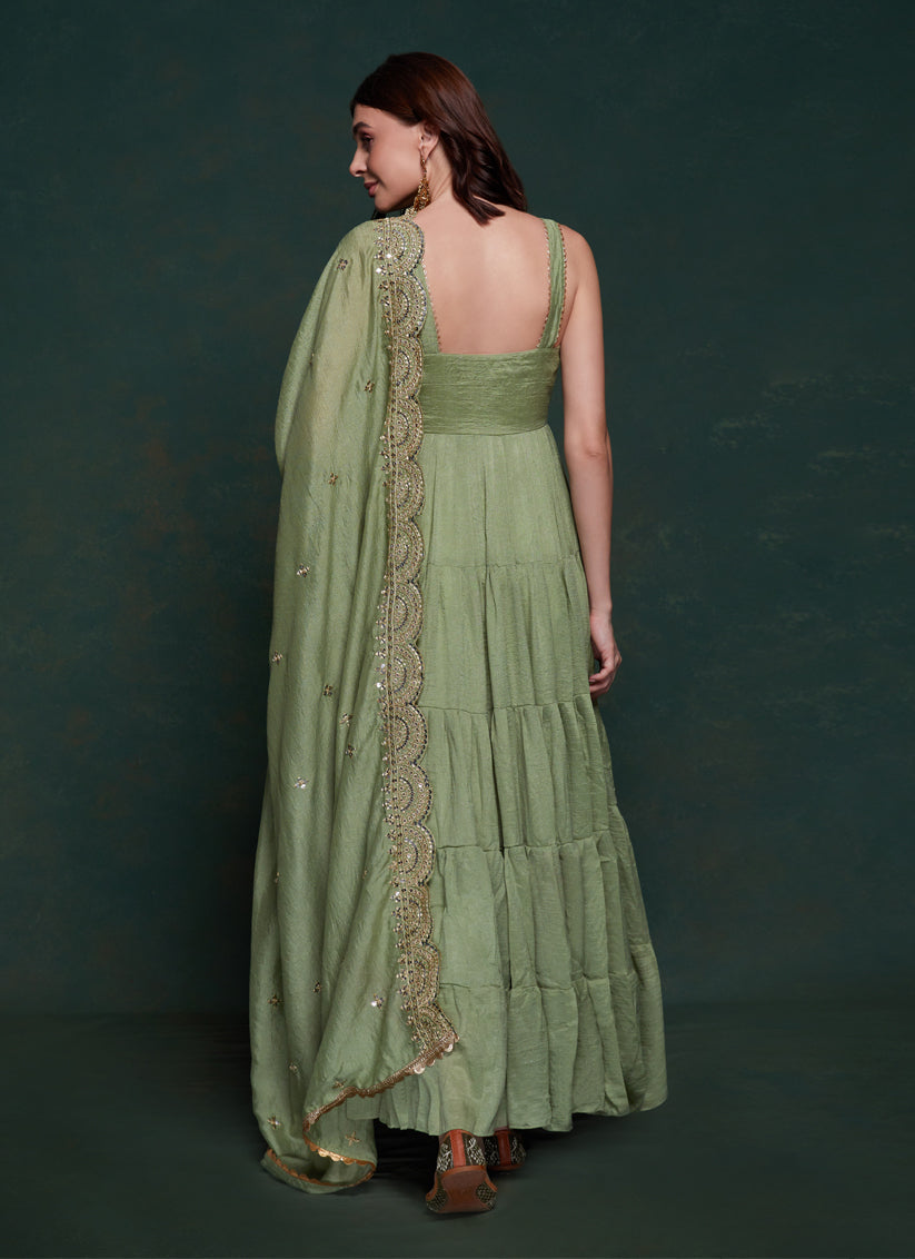 Sage Green Georgette Gown with Dupatta