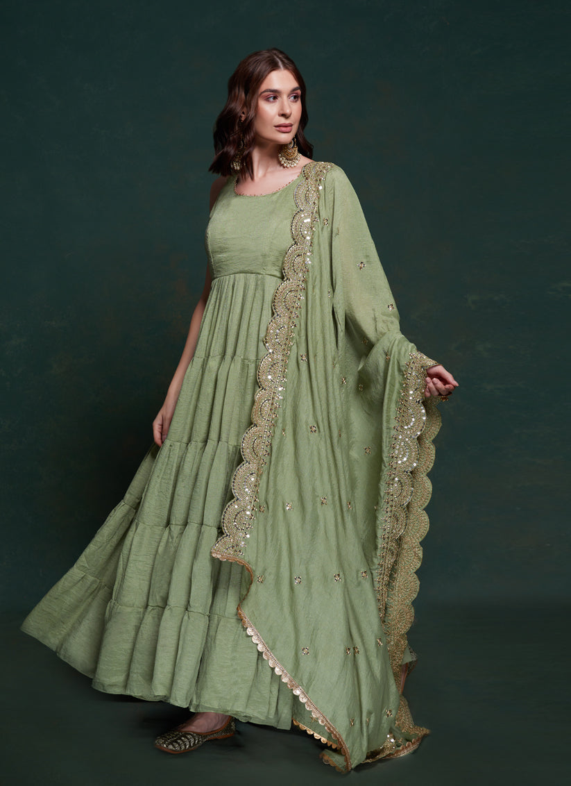 Sage Green Georgette Gown with Dupatta
