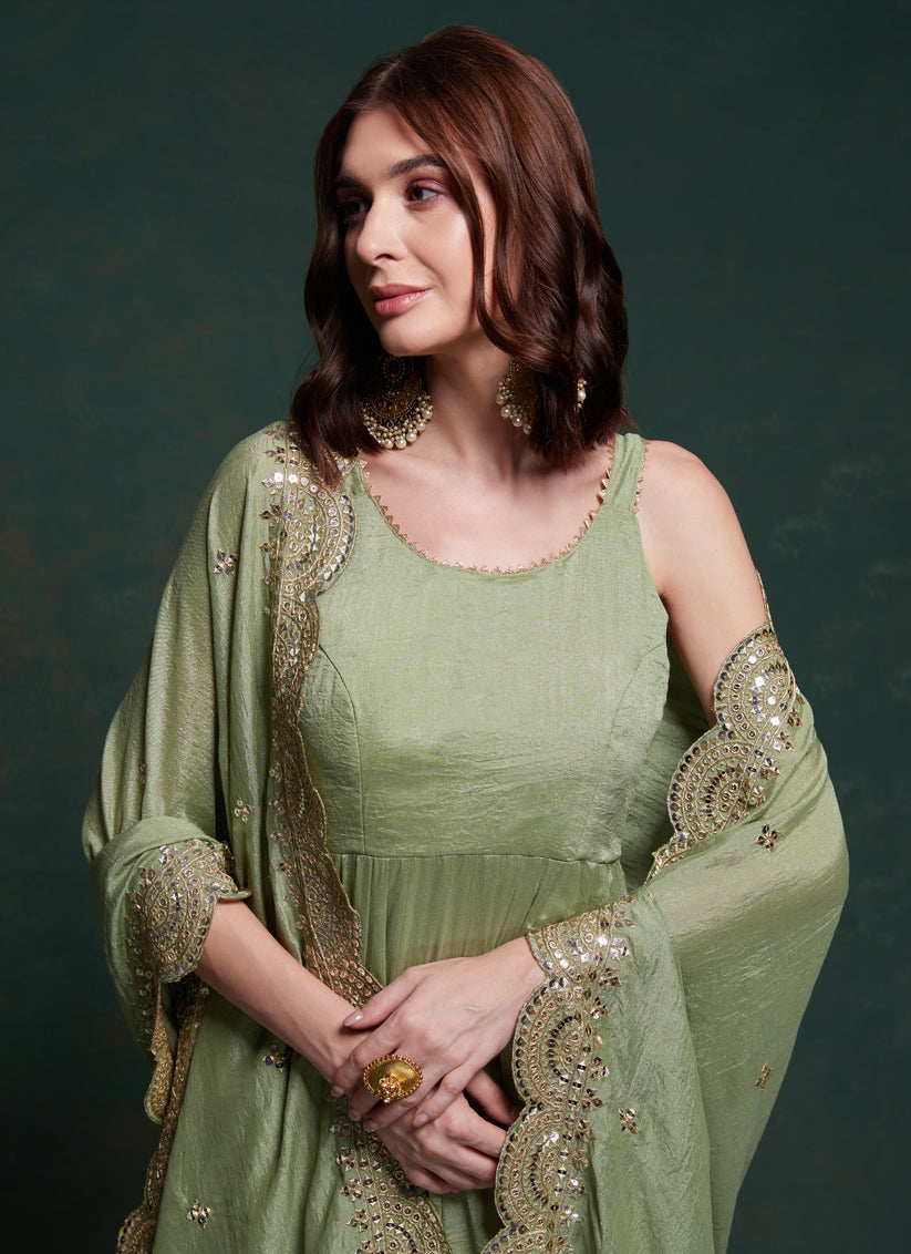 Sage Green Georgette Gown with Dupatta