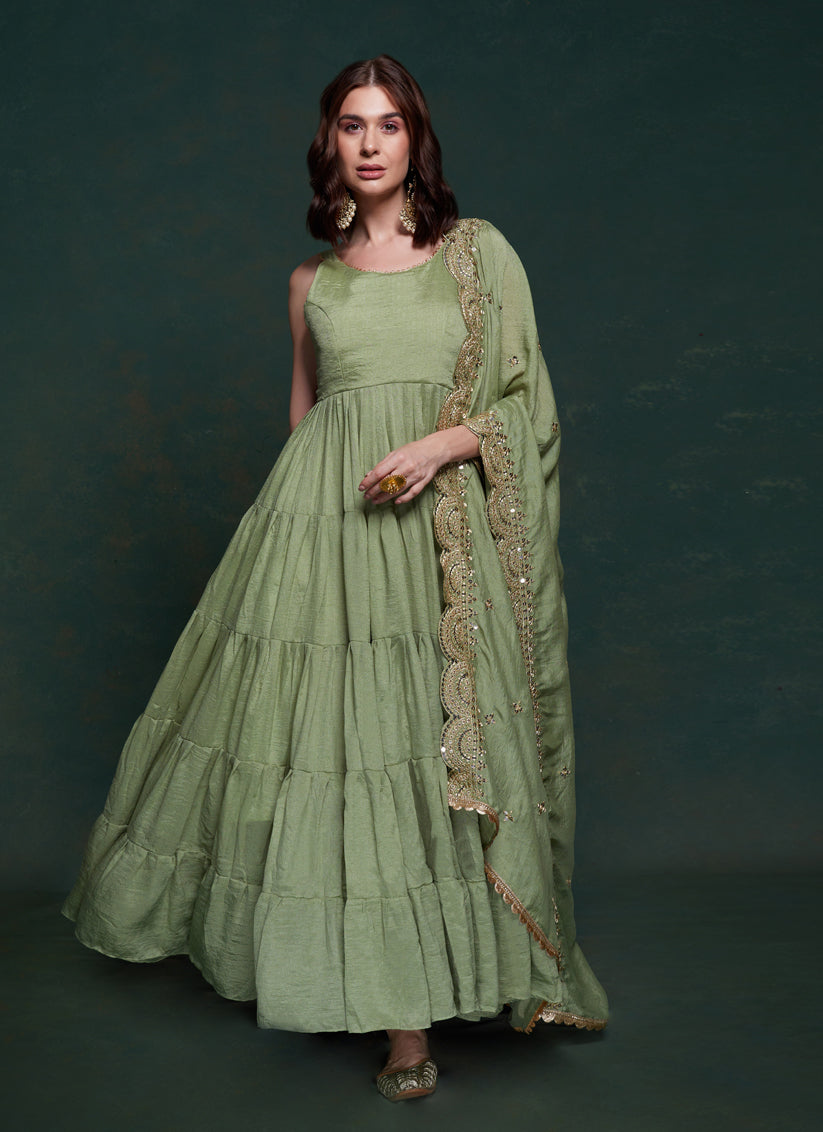 Sage Green Georgette Gown with Dupatta