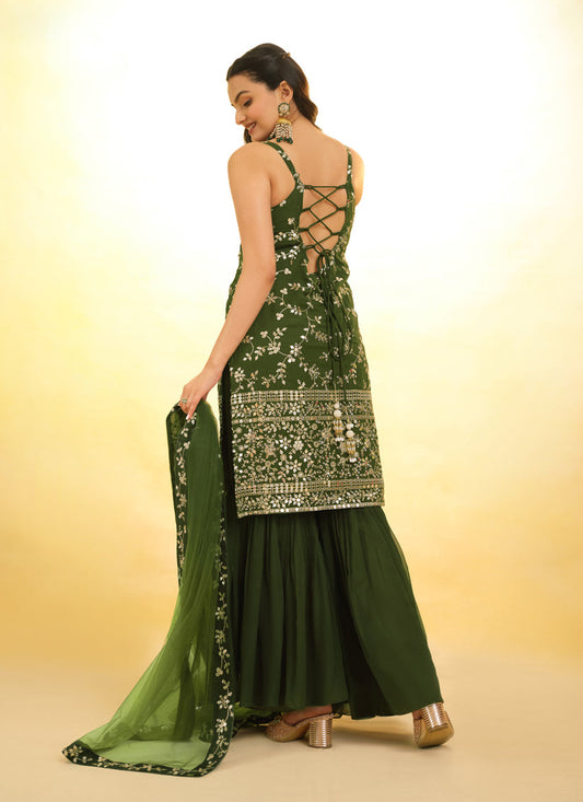 Olive Green Embroidered Georgette Readymade Sharara Kameez