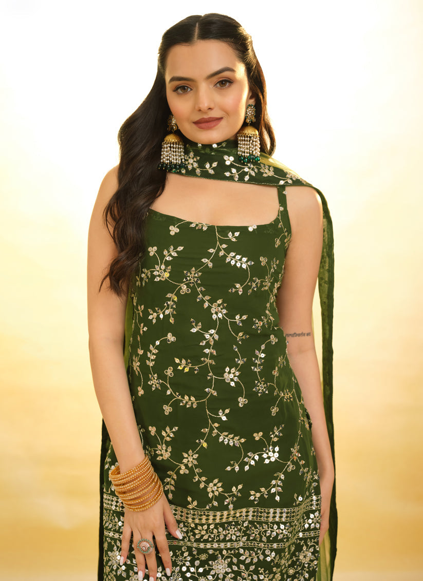 Olive Green Embroidered Georgette Readymade Sharara Kameez