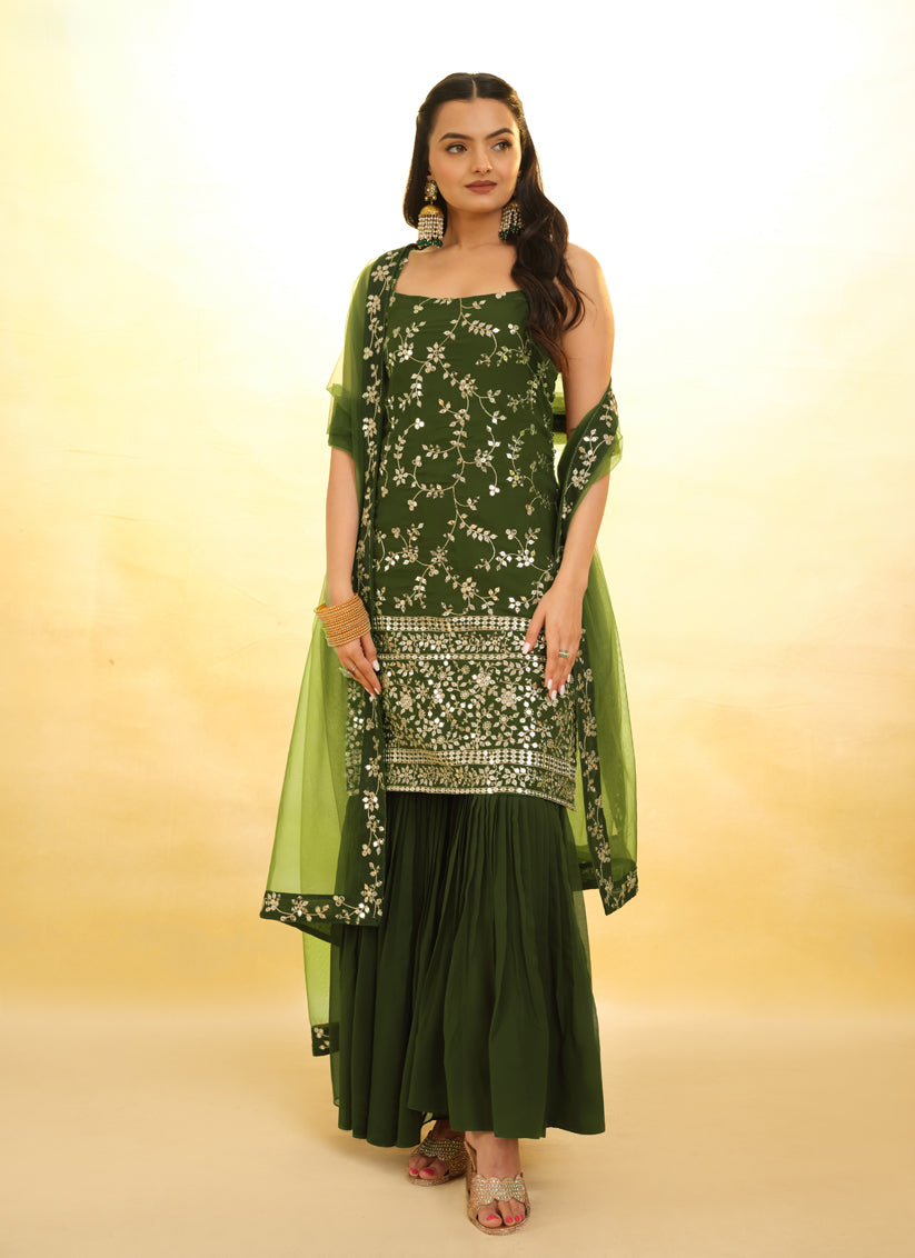 Olive Green Embroidered Georgette Readymade Sharara Kameez